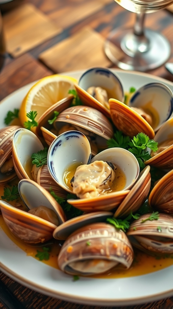 Garlic butter clams served in a bowl with parsley and lemon, on a rustic table with a glass of wine.